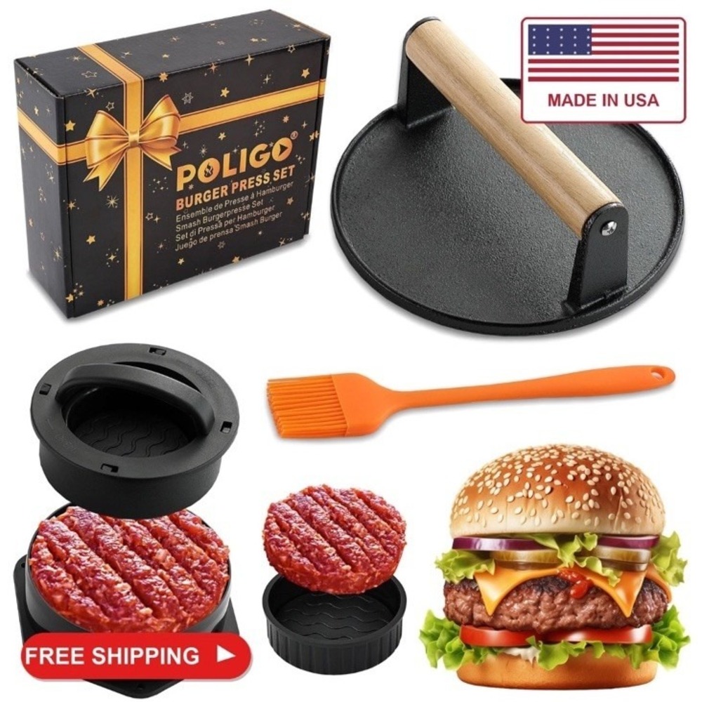 POLIGO Smash Burger Press Kit - 4 in 1 Hamburger Patty Storage Containers, 6.69"